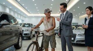 THE SALESMAN LOOKED DOWN ON AN OLD MAN WHO ONLY RODE A BIKE — BUT WHEN THE TRUCKLOAD OF CASH ARRIVED, HE BOUGHT 10 CARS IN CASH TO GIVE TO HIS EMPLOYEES