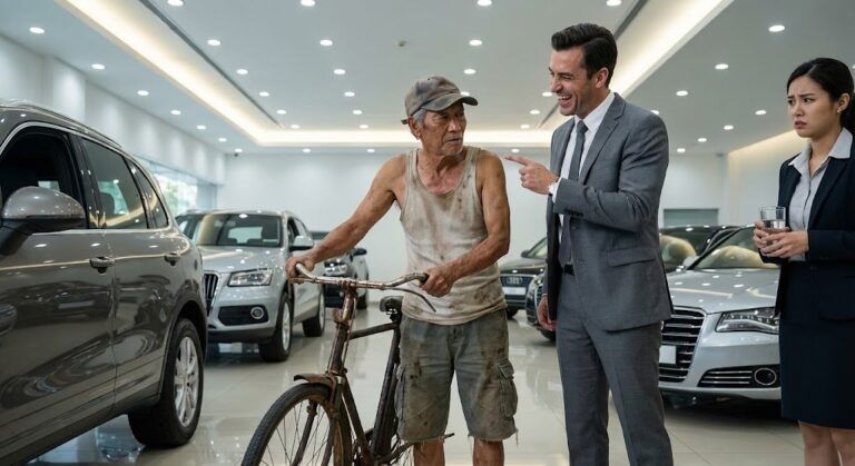 THE SALESMAN LOOKED DOWN ON AN OLD MAN WHO ONLY RODE A BIKE — BUT WHEN THE TRUCKLOAD OF CASH ARRIVED, HE BOUGHT 10 CARS IN CASH TO GIVE TO HIS EMPLOYEES
