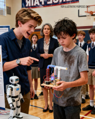 “YOUR PROJECT IS TRASH!” The millionaire’s son mocked the janitor’s son in front of everyone. But when his $50,000 robot failed, the lesson in humility left the entire school in tears.