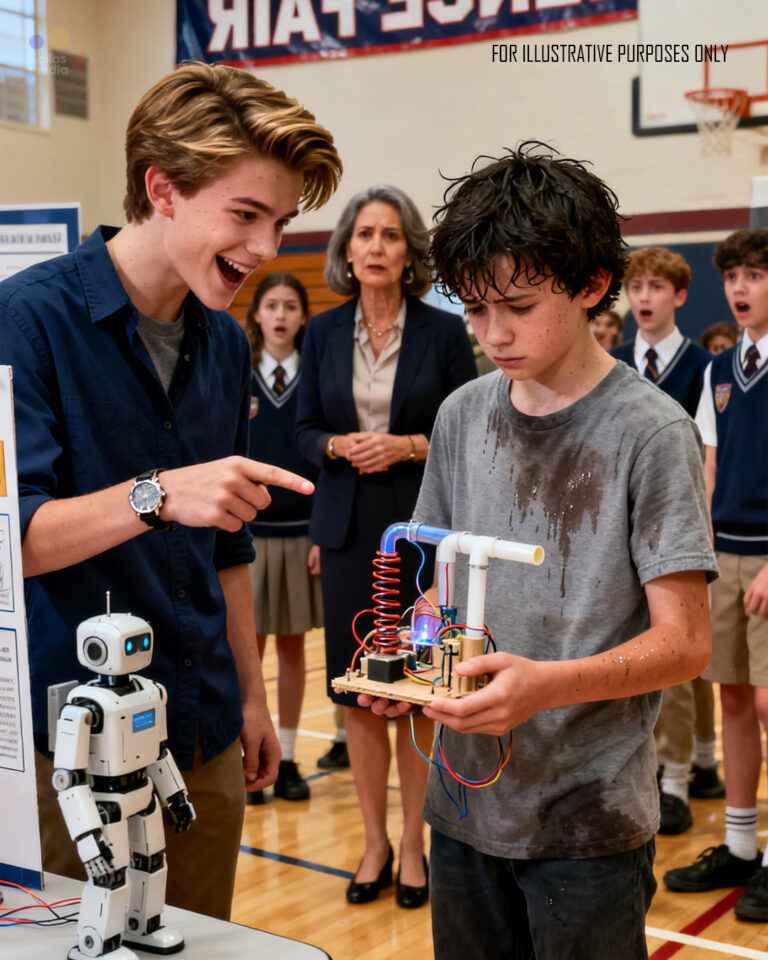 “YOUR PROJECT IS TRASH!” The millionaire’s son mocked the janitor’s son in front of everyone. But when his $50,000 robot failed, the lesson in humility left the entire school in tears.