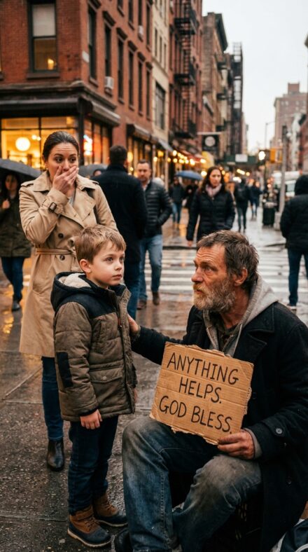 “Mom, why does that homeless man look exactly like me?” the child asked, pointing across the street. The innocent question forced his mother to face a hidden truth—one she had secretly buried for years to protect the family.