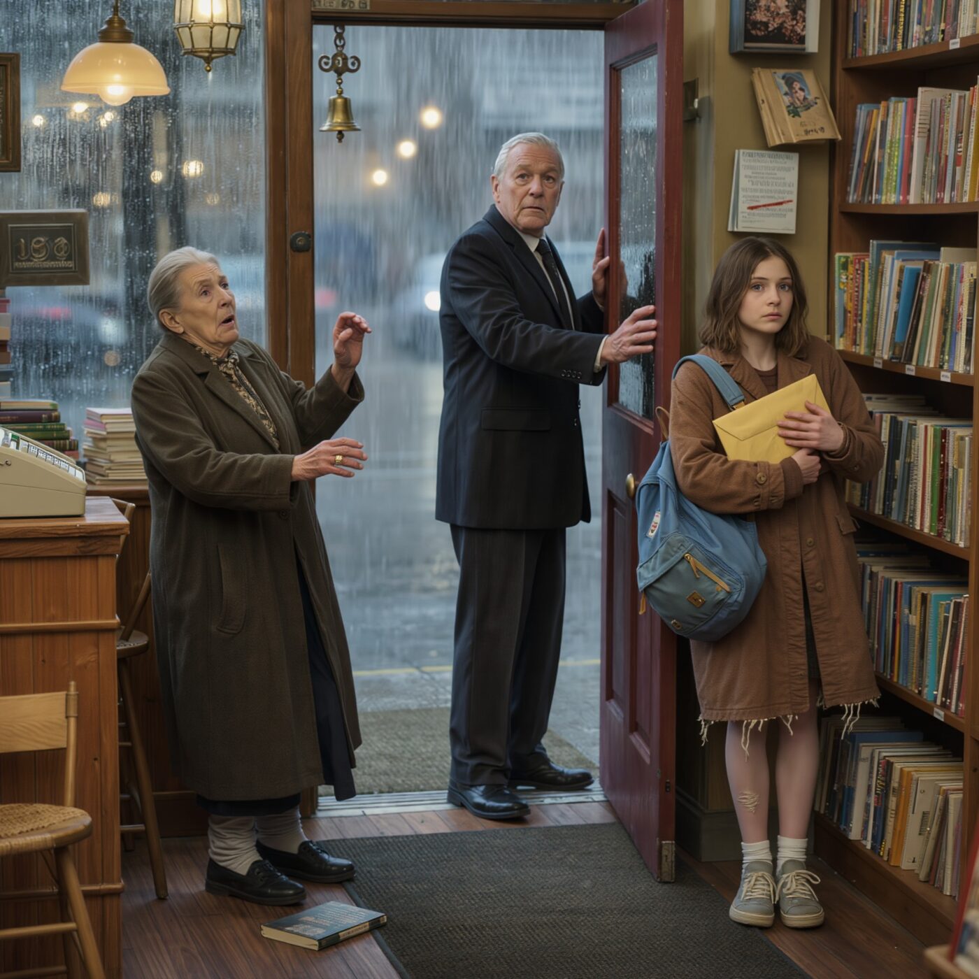 My son cut me off when I refused to sell my little bookshop for his big business dream, but the day a freezing, hungry girl walked in asking for work, one look at her face brought the whole lie crashing back toward me—and when she finally whispered the name she found in her dead mother’s letter, the bell over my shop door rang and the man who abandoned us both stepped inside.