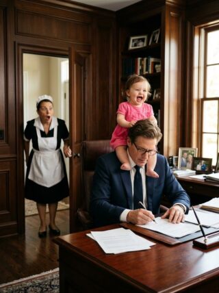 THE HOUSEKEEPER’S BABY SCREAMED IF ANYONE CAME NEAR HER, THRASHED IN PANIC WHEN THE MAIDS TRIED TO HOLD HER, AND CLUNG TO HER MOTHER LIKE LETTING GO MEANT DISASTER—UNTIL THE MORNING SHE TODDLED STRAIGHT INTO THE BILLIONAIRE’S OFFICE, LIFTED BOTH ARMS, AND LAID HER HEAD ON HIS SHOULDER LIKE SHE HAD FOUND THE ONE PERSON SHE’D BEEN SEARCHING FOR ALL ALONG… BUT WHEN THREE MEN ARRIVED AT THE GATES CLAIMING THEY HAD COME TO “TAKE THE CHILD BACK,” THE COLD CEO STEPPED ONTO THE STONE DRIVE, SAID FIVE QUIET WORDS ABOUT A DEAD WOMAN’S TRUST, AND LEFT THE MEN PALE, THE STAFF FROZEN, AND THE MOTHER REALIZING HER BABY HAD JUST RECOGNIZED A SECRET NO ADULT HAD DARED TO SPEAK