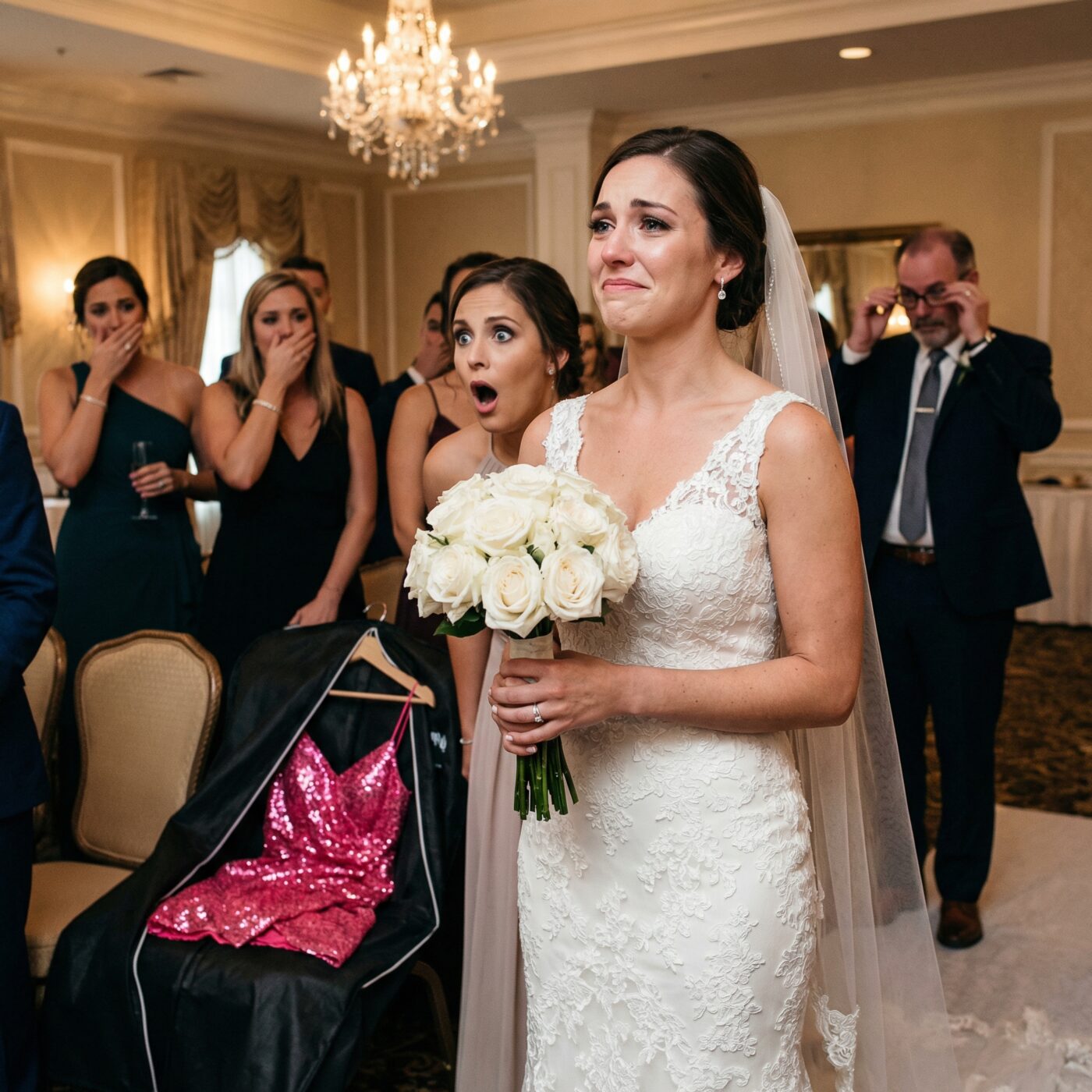 I unzipped my wedding dress bag… but inside wasn’t my gown. It was a sparkly nightclub dress. My sister smiled until I walked in wearing the real one. The crowd gasped as her face turned…”