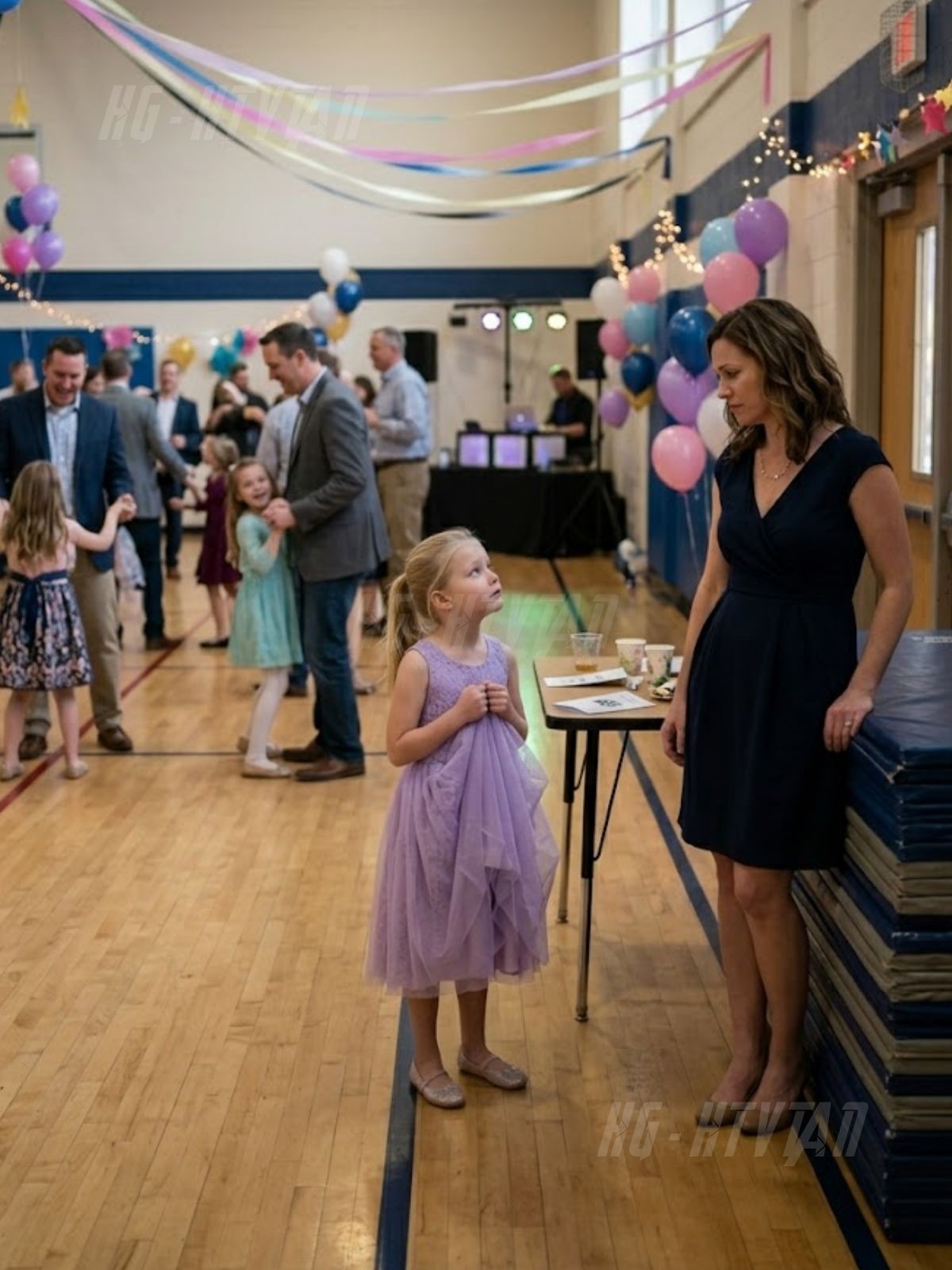 I took my 7-year-old daughter to the father-daughter dance six months after losing her father, Captain Daniel Reeves, because she still believed he might somehow walk through those gym doors if she waited long enough—and I couldn’t bear to be the one who crushed that hope before life did. So she stood there in her lavender dress, clutching the fabric in both hands and watching every entrance like her whole heart depended on it, until the PTA president crossed the floor with a clipboard and a smile sharp enough to cut, looked straight at my little girl, and told her in front of the whole school that the dance wasn’t really meant for “situations like yours.” Emma dropped her eyes, the room went strangely still… and then the doors opened…