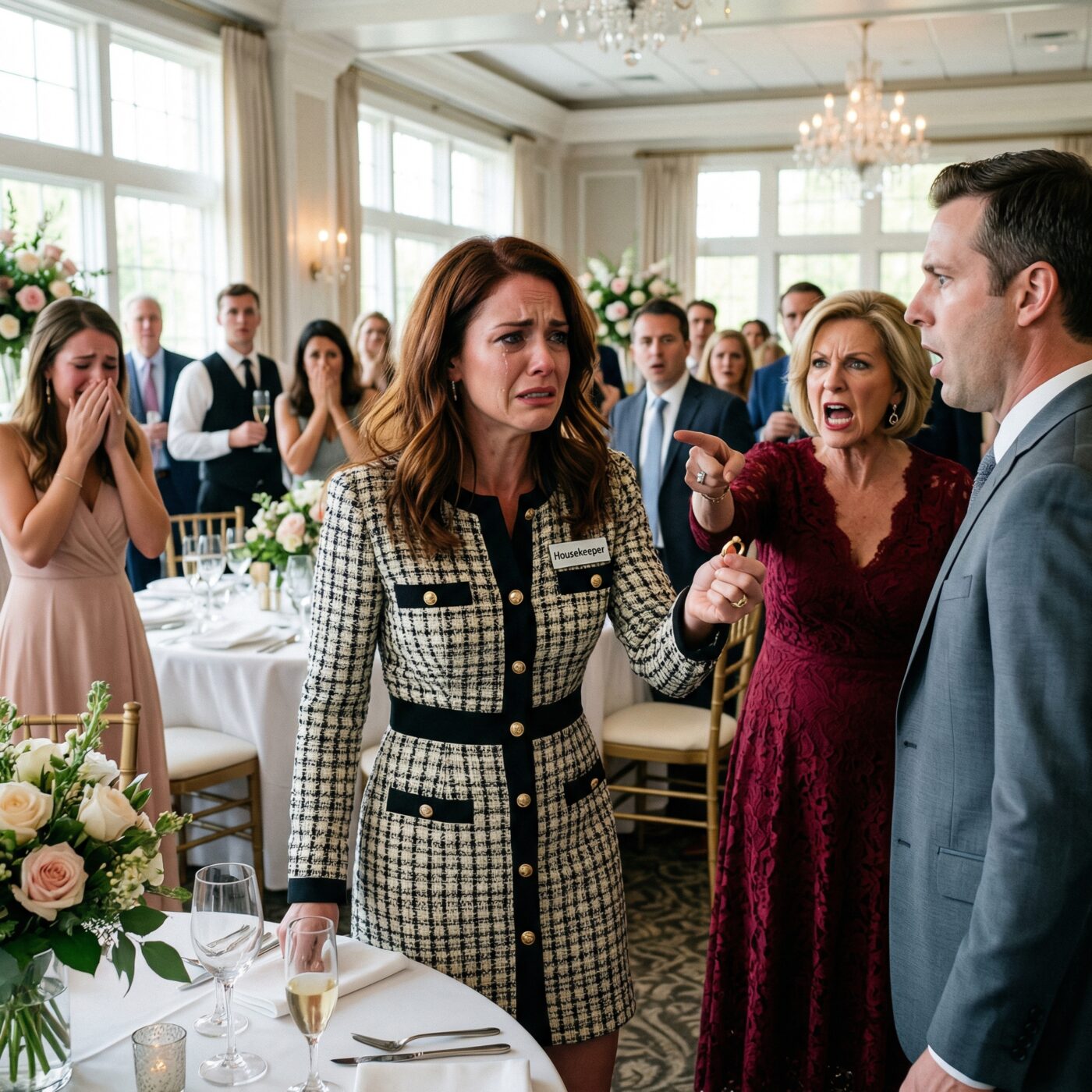 The name tag on my dress said housekeeper at my husband’s sister’s engagement party. His mother called me staff. There was no chair for me, no plate, no place at the table. Then my husband smirked, “Food is for family.” I removed my ring and told him I was no longer his.