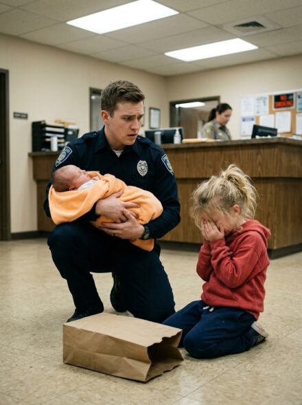 SHE WAS ONLY A LITTLE GIRL WITH BLOODY FEET, A FILTHY SWEATER, AND A PAPER BAG CLUTCHED SO TIGHTLY TO HER CHEST THAT THE OFFICER AT THE FRONT DESK KNEW SOMETHING WAS TERRIBLY WRONG BEFORE SHE EVEN SPOKE—BUT NOTHING PREPARED HIM FOR THE BABY INSIDE, THE TINY WHISPER OF BREATH STILL LEFT IN HIM, OR THE HORRIFIC TRUTH WAITING IN THE ISOLATED HOUSE WHERE HER MOTHER HAD VANISHED, A “HELPER” HAD BEEN LEAVING SUPPLIES IN THE DARK, AND ONE RESPECTED MAN’S NAME WAS ABOUT TO MAKE THE WHOLE TOWN GO SILENT—