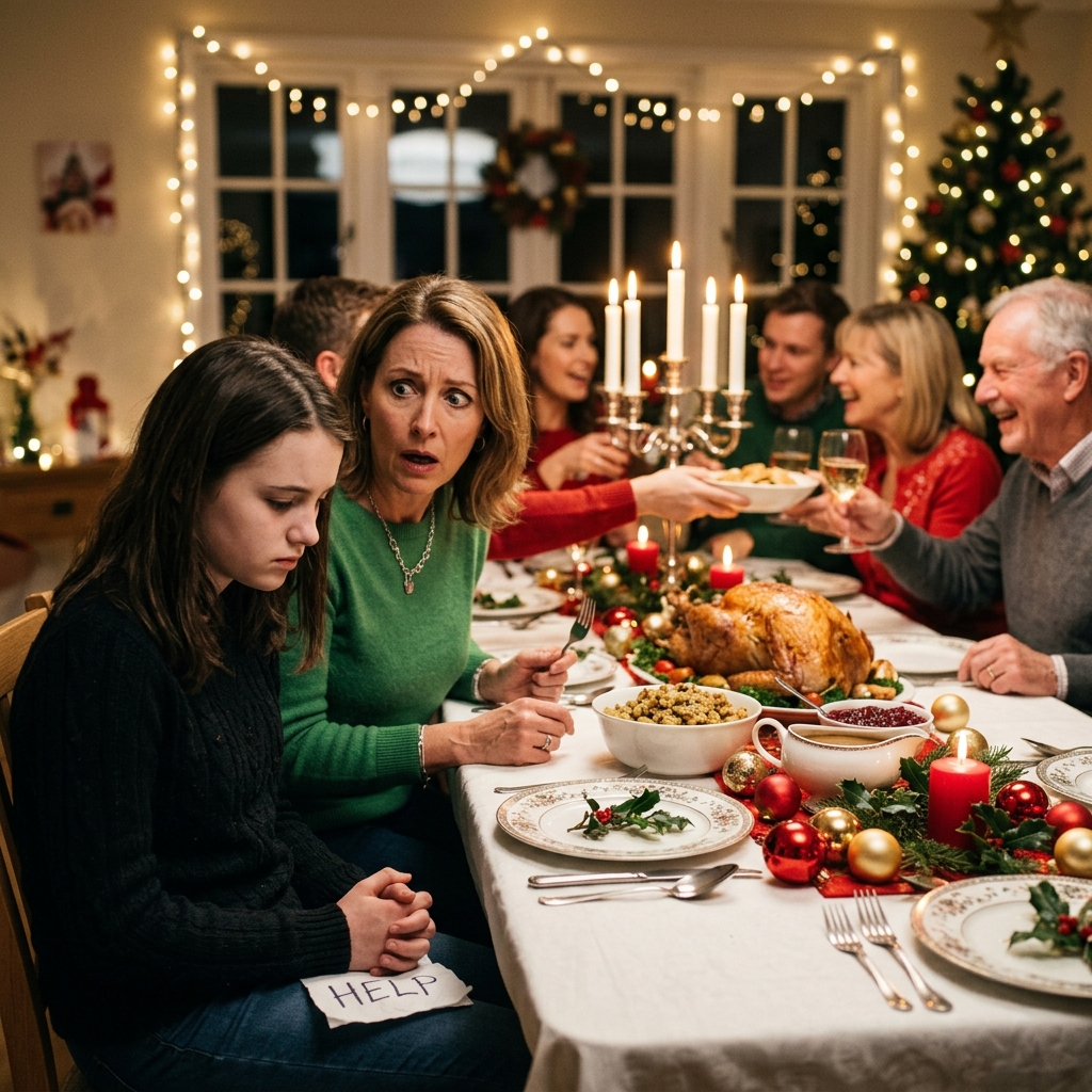 On Christmas night, our relatives were all gathered around a table overflowing with food. But my daughter sat there in complete silence, not even touching her fork. “What’s wrong?” I asked, but she only gave a small shake of her head. Then, slowly, she lifted the napkin from her lap. Hidden underneath was a note with only one word written on it: “Help.”