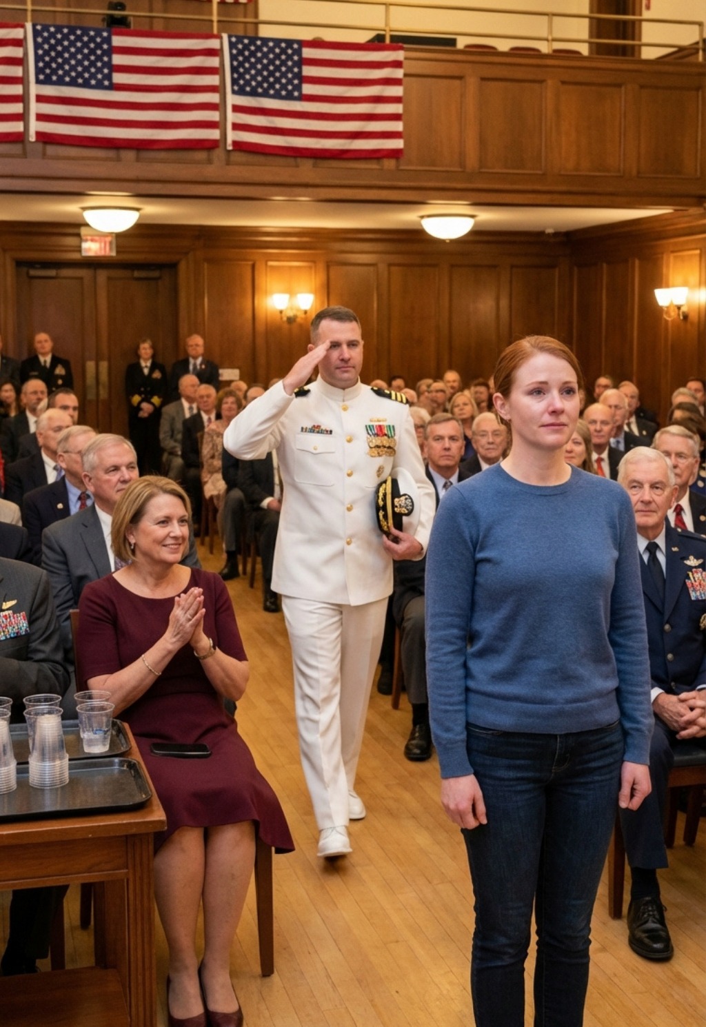 I Came Home to Sit Quietly in the Back Row of My Father’s Veterans’ Ceremony While My Stepmother Smirked, “She Already Left the Navy”—Then a Man in Dress Whites Walked Into That Packed Hall, Ignored the Stage, and Started Walking Straight Toward Me