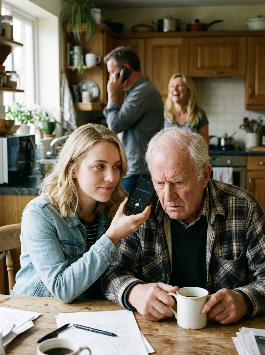 My phone lit up at 6:00 a.m. “Grandpa passed last night,” my father said, flat and impatient. “Heart attack. We need the safe combination before the bank locks everything down.” In the background, I heard my mother laugh. “About time. Call the broker. We’re selling by noon.” I didn’t fight them. I didn’t even lower my voice. I just put the call on speaker, because Grandpa was sitting right beside me at the kitchen table, very much alive, drinking his coffee in silence. Then he leaned toward the phone and said one word…