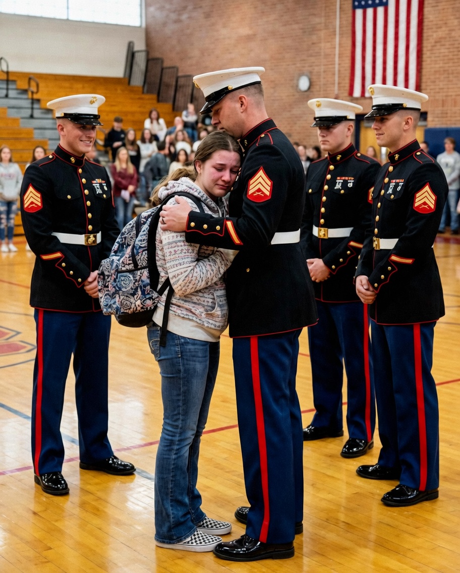 My 14-Year-Old Got Detention for Defending Her Marine Dad – When Four Men in Uniform Walked Into the School, the Entire Building Went Silent