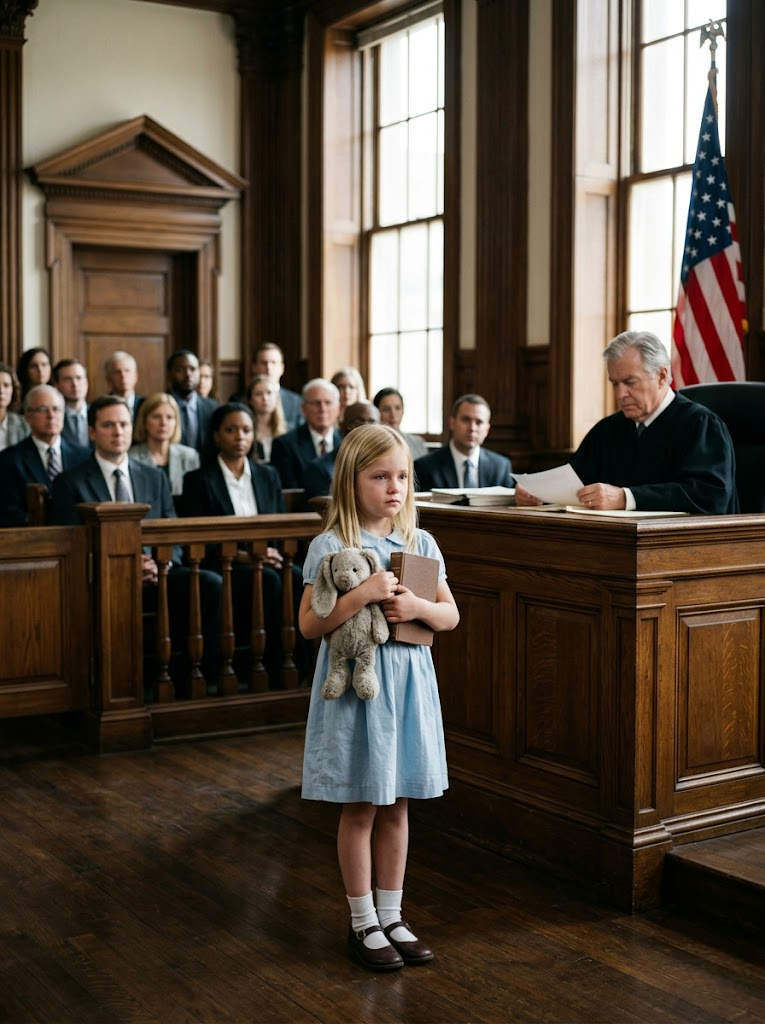 AT OUR DIVORCE HEARING, MY HUSBAND SAT THERE ACTING CALM, HIS LAWYER PAINTED ME AS THE UNSTABLE MOTHER, AND I COULD FEEL THE ROOM STARTING TO LEAN HIS WAY—UNTIL MY 7-YEAR-OLD DAUGHTER STOOD UP IN HER LITTLE BLUE DRESS
